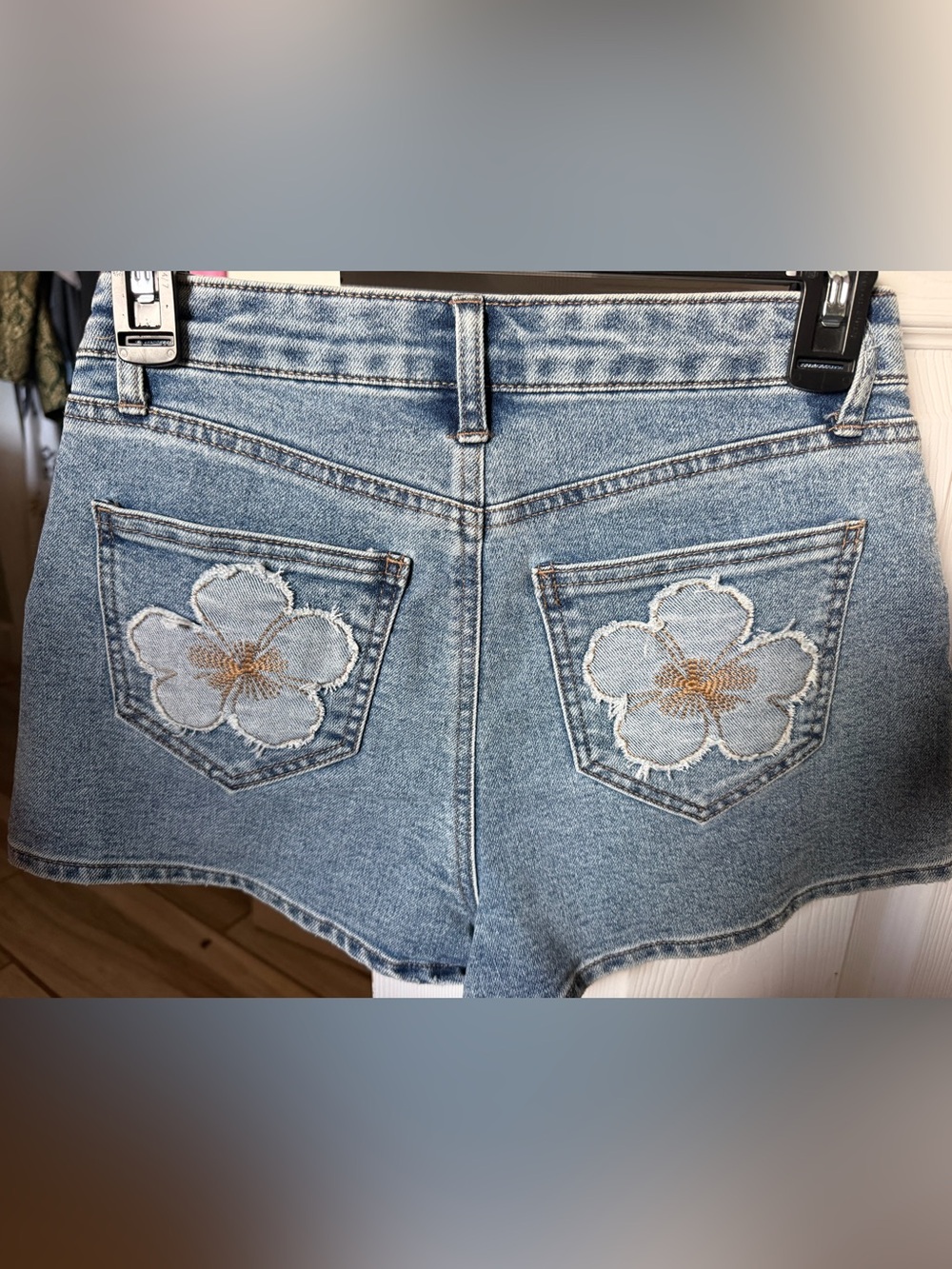 No Boundaries Light Blue Denim Shorts with Floral Back Pocket Embroidery